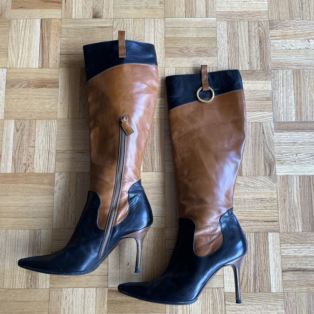Black and Tan Leather Knee-High Boots - Picture 8 of 8